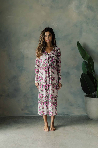 Model standing face forward with long cover up kimono