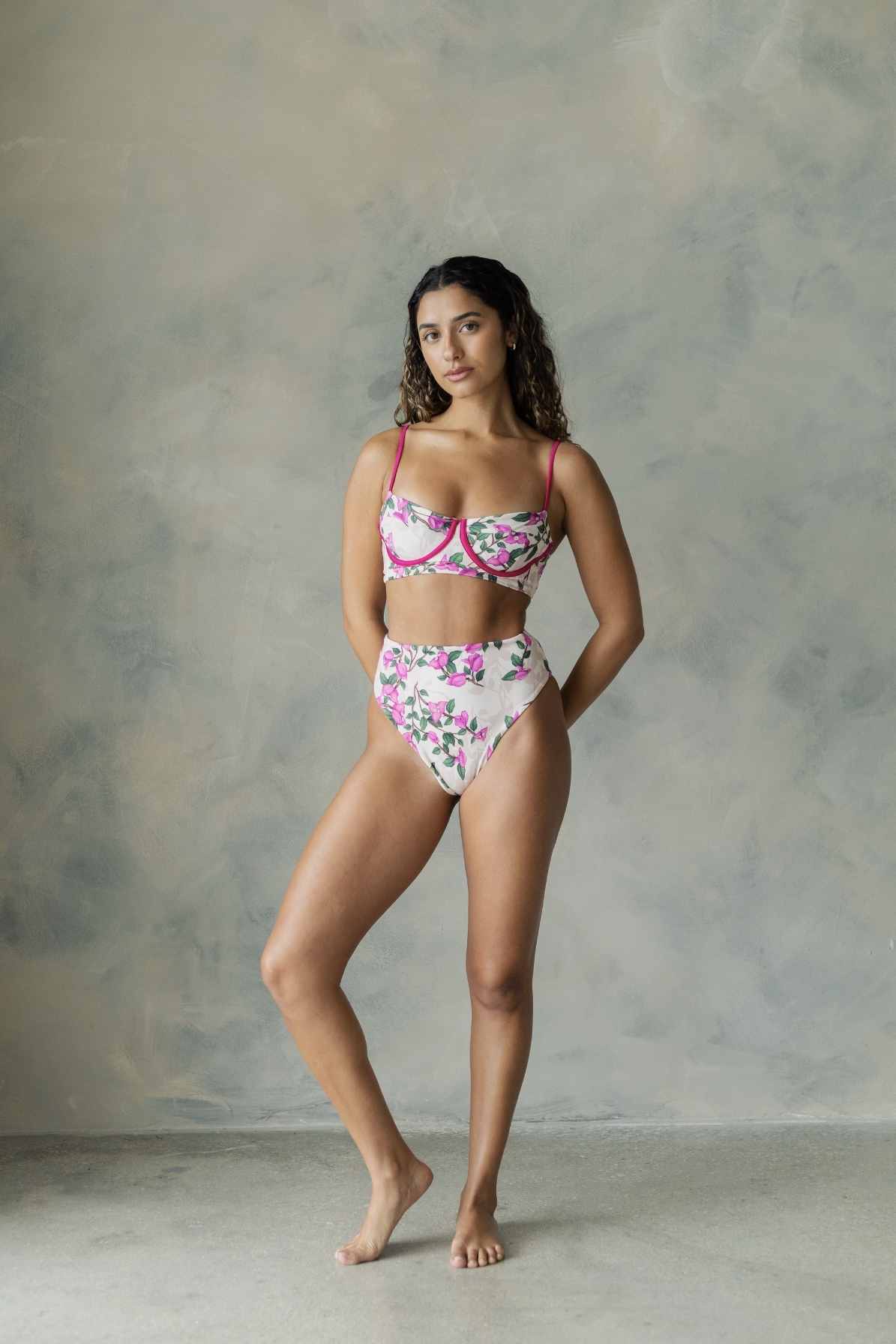 Front view of model wearing floral bikini